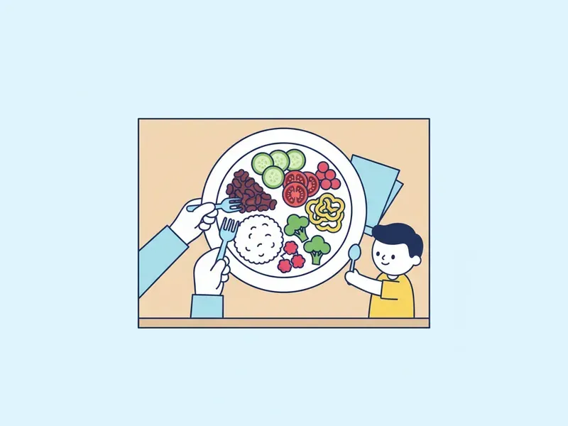 Ilustração de prato colorido com frutas, legumes, arroz e feijão na mesa da família.