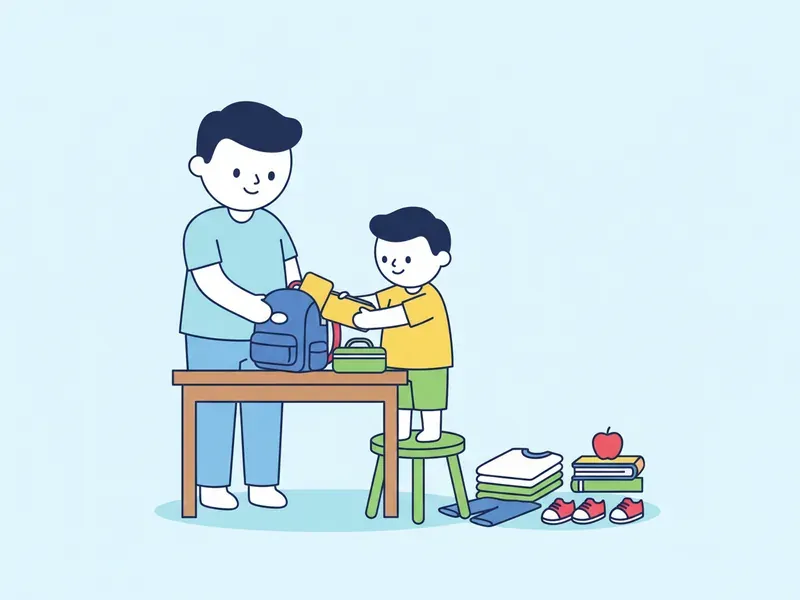 Ilustração de adulto e criança arrumando a mochila e separando a roupa na noite anterior.