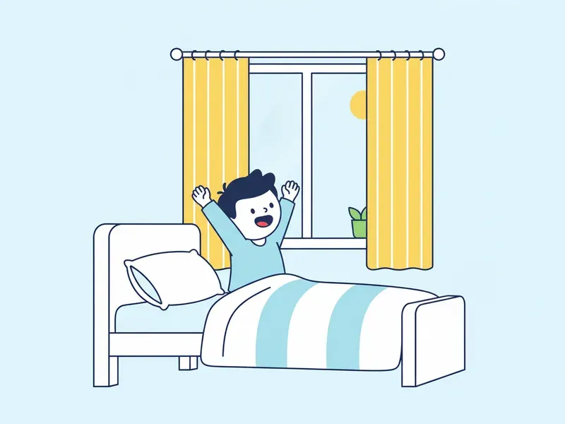 Ilustração de criança se espreguiçando na cama com a luz da manhã entrando.