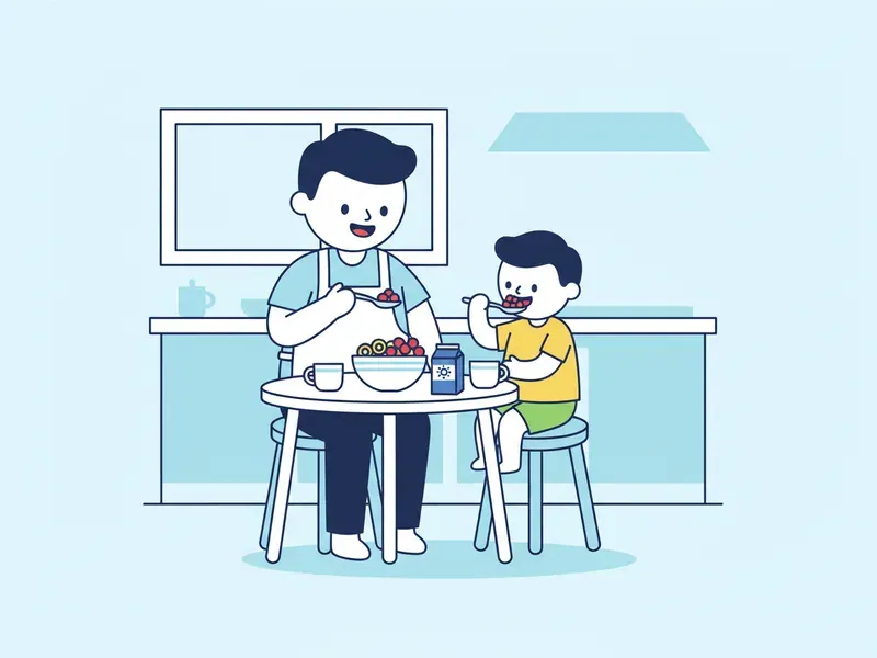 Ilustração de adulto e criança tomando café da manhã juntos à mesa, sem telas.