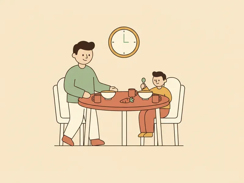 Ilustração de adulto e criança chegando à mesa no horário da refeição.