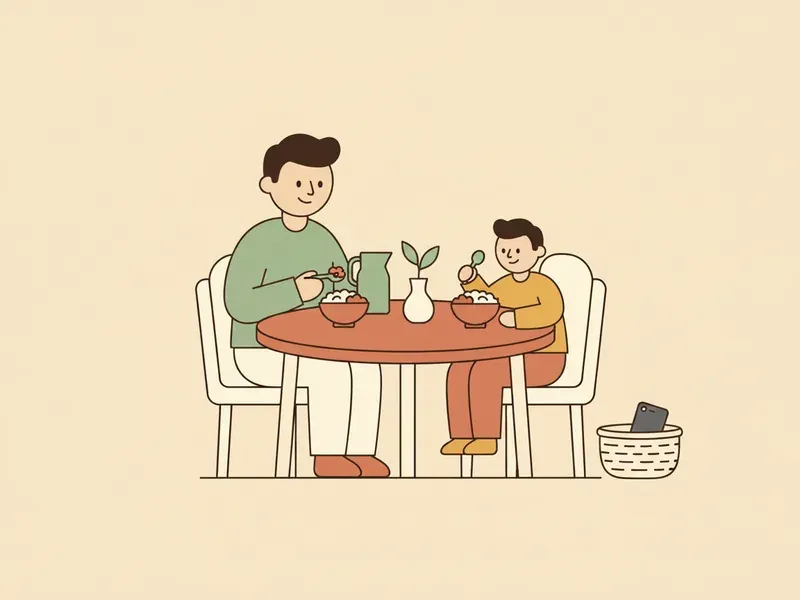 Ilustração de adulto e criança comendo juntos, com o celular guardado longe da mesa.