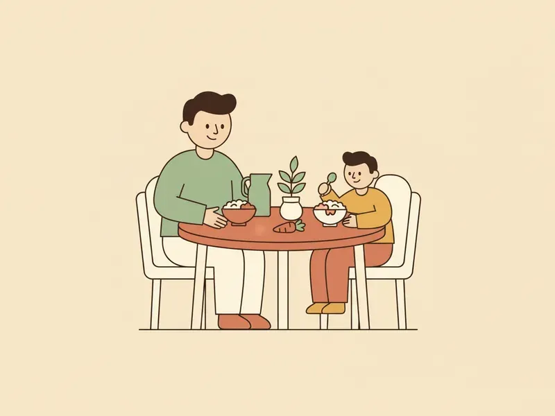 Ilustração de adulto tranquilo ao lado da criança à mesa, sem pressão para comer.