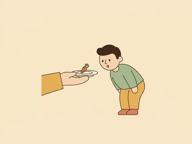Ilustração de adulto oferecendo um pedacinho de cenoura a uma criança curiosa.