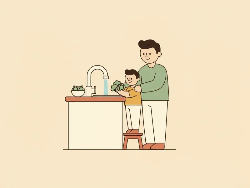 Ilustração de criança num banquinho ajudando a lavar legumes na pia.