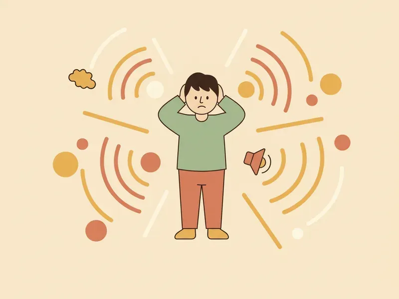 Ilustração de criança tampando os ouvidos num ambiente barulhento.