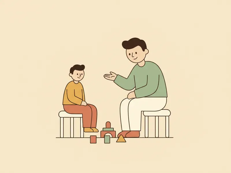 Ilustração de adulto sentado a uma pequena distância, falando com calma.