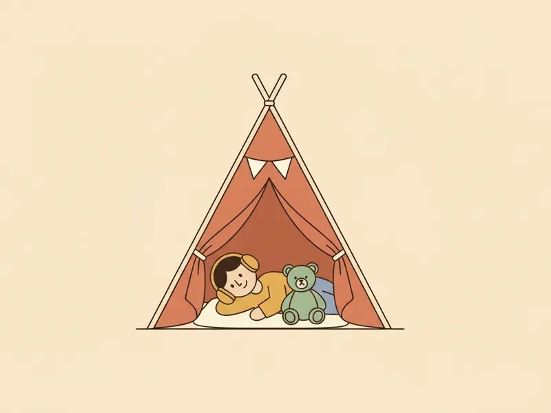 Ilustração de criança relaxando numa cabaninha de tecido com fones e bichinho.