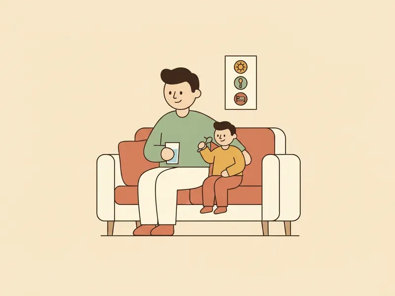 Ilustração de adulto e criança descansando no sofá depois da crise.