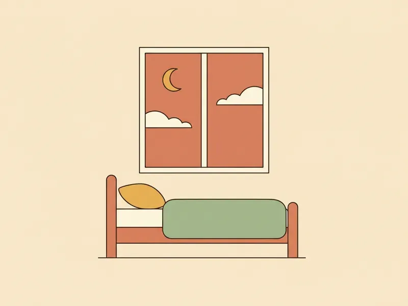 Ilustração de quarto com a janela mostrando a noite e a cama arrumada.