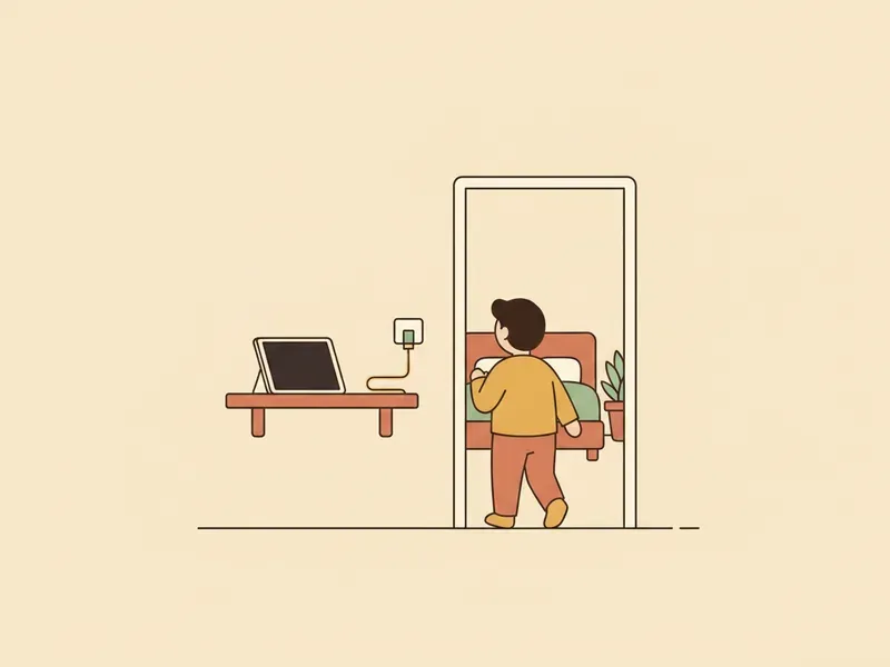 Ilustração de tablet desligado carregando fora do quarto da criança.