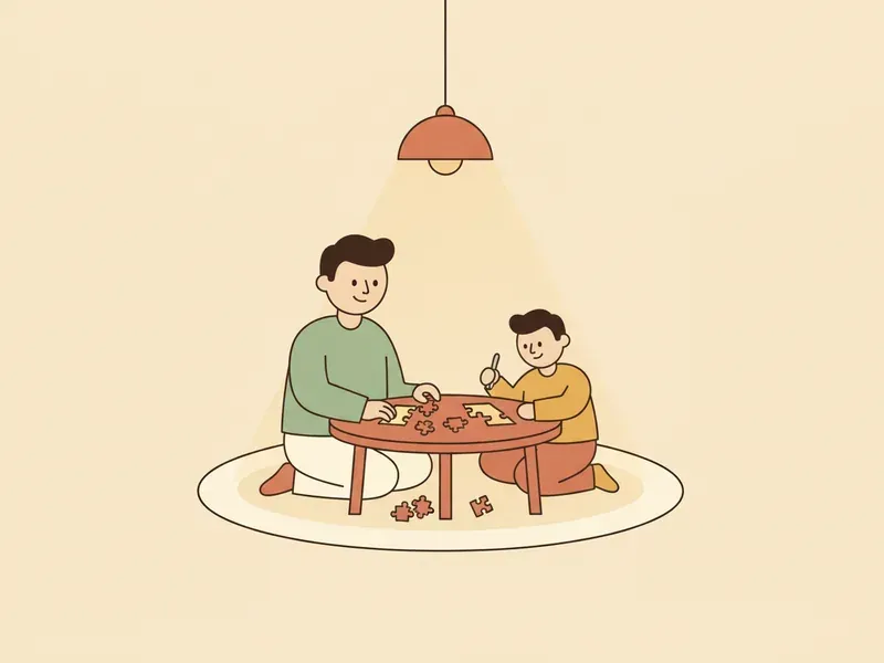 Ilustração de adulto e criança montando um quebra-cabeça com a luz baixa.