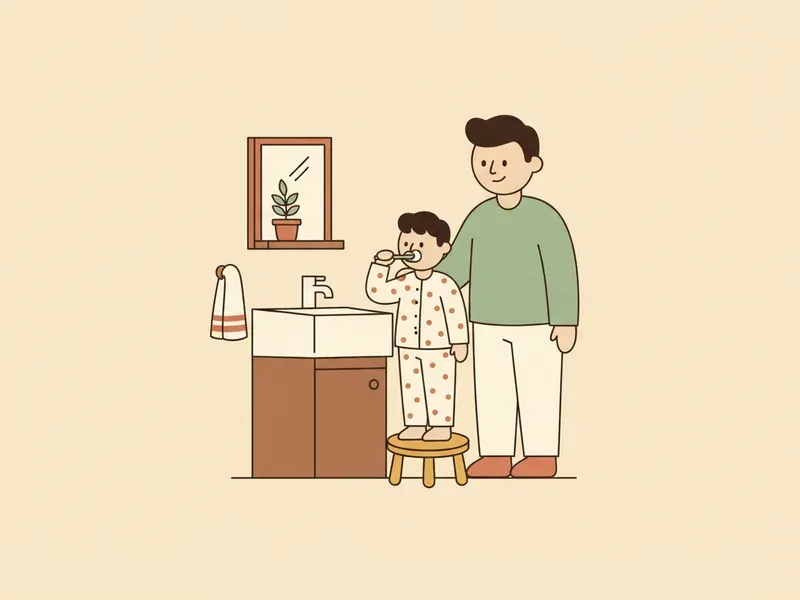 Ilustração de criança de pijama escovando os dentes com um adulto por perto.