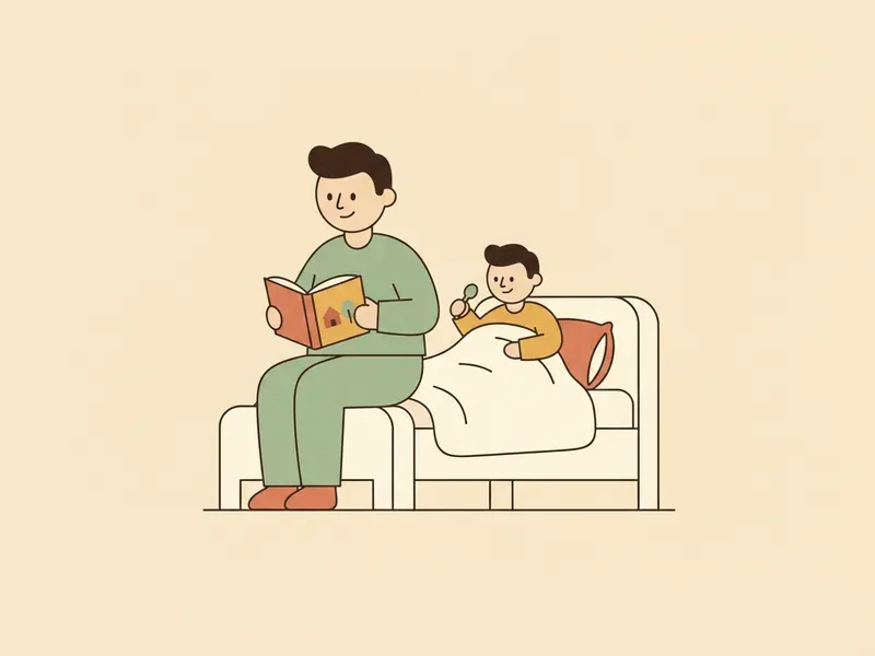 Ilustração de adulto lendo um livro para a criança deitada na cama.