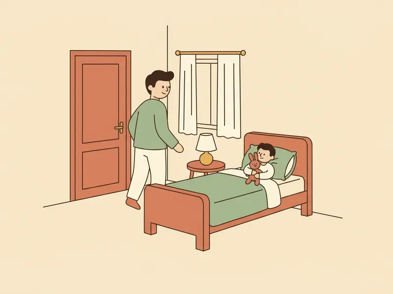 Ilustração de criança dormindo abraçada a um coelhinho enquanto o adulto sai do quarto.