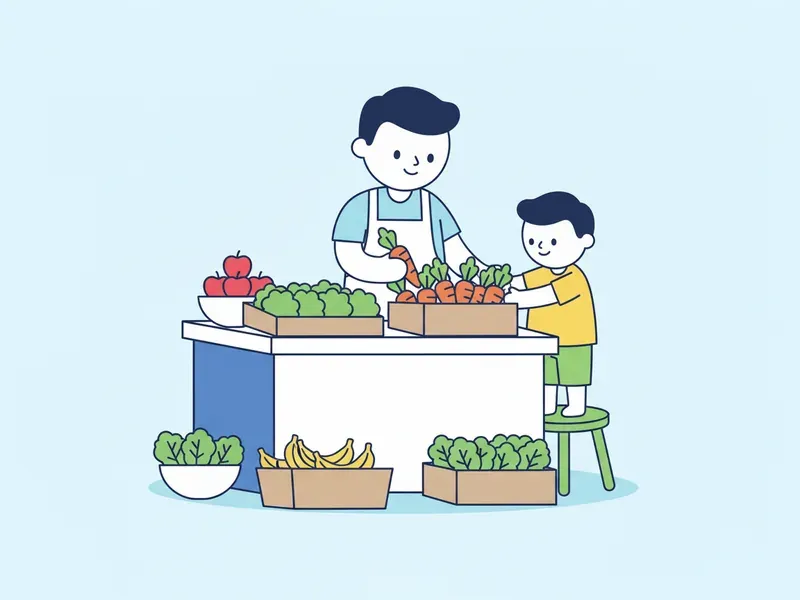 Ilustração de adulto e criança escolhendo uma cenoura na feira.