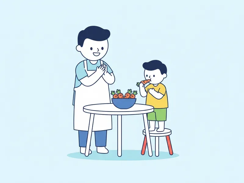 Ilustração de adulto comemorando enquanto a criança prova um pedacinho de cenoura.