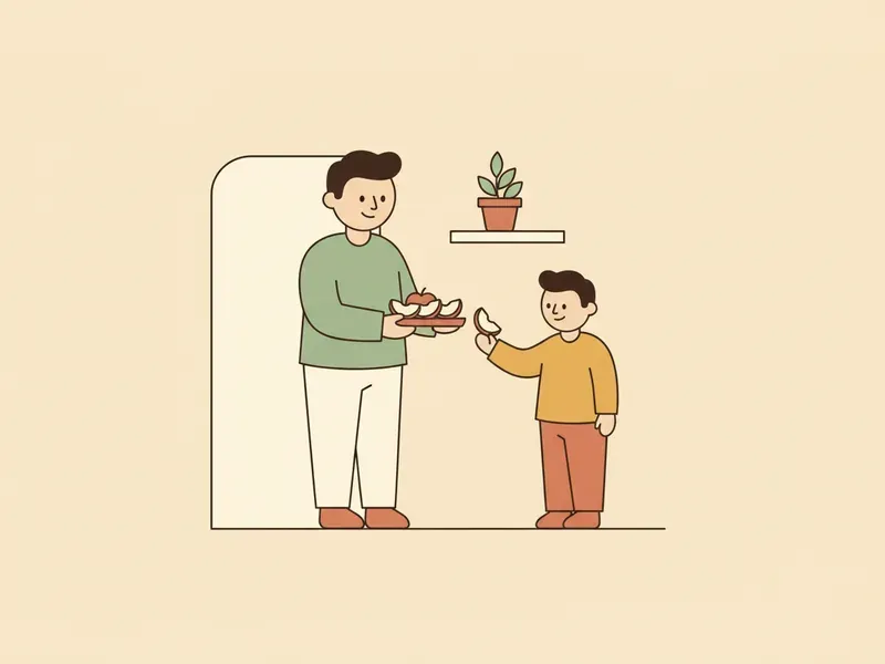 Ilustração de adulto oferecendo fatias de maçã à criança antes de sair de casa.