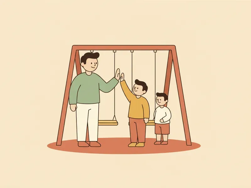 Ilustração de adulto cumprimentando a criança que esperou a vez no balanço.