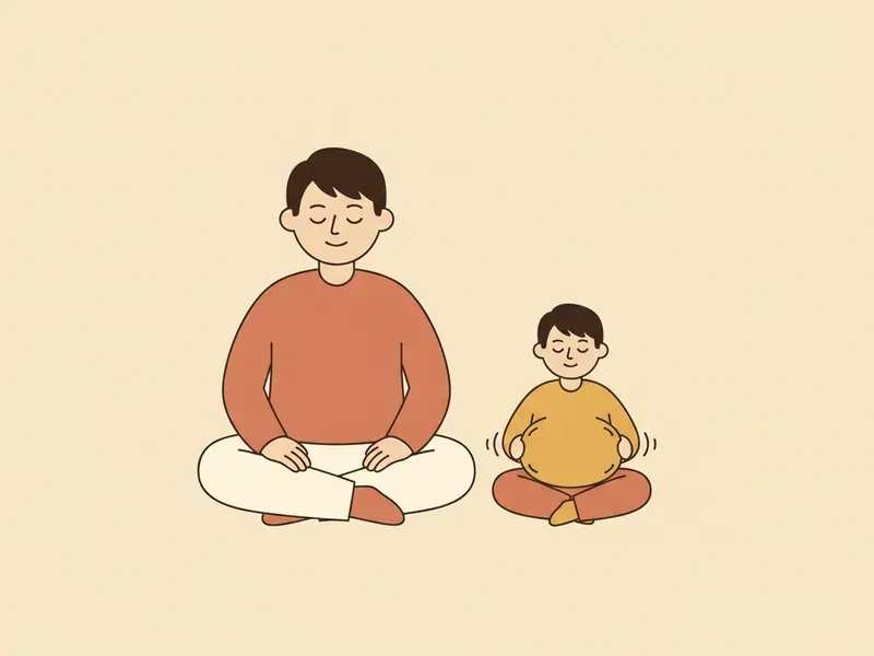 Ilustração de adulto e criança respirando devagar juntos, a barriga subindo como um balão.