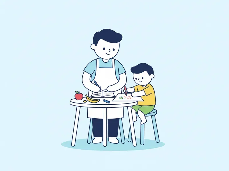 Ilustração de adulto anotando num caderno o que a criança come, com a criança desenhando ao lado.