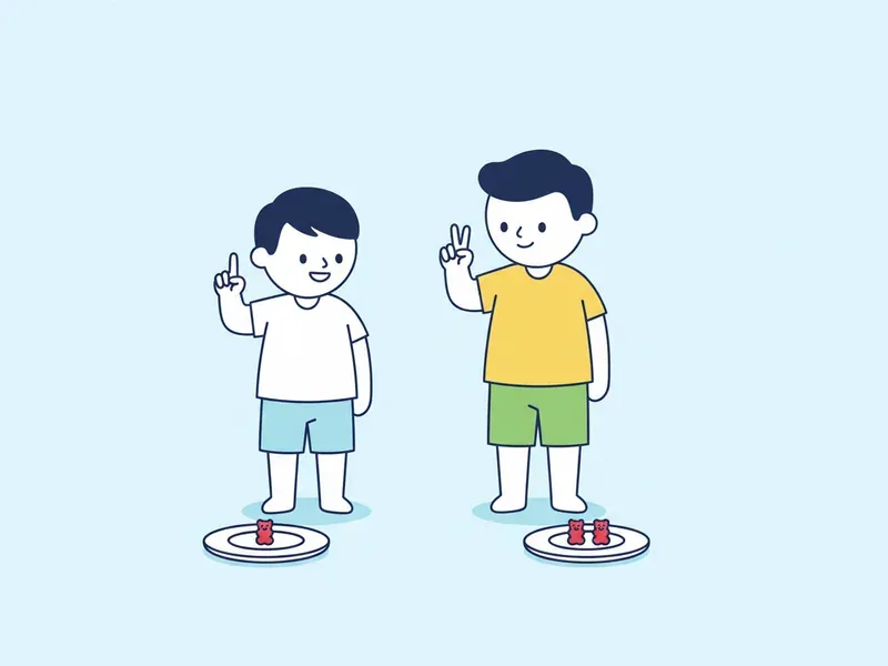 Ilustração de duas crianças, cada uma ao lado de um prato: uma goma de ursinho para a menor e duas para a maior.