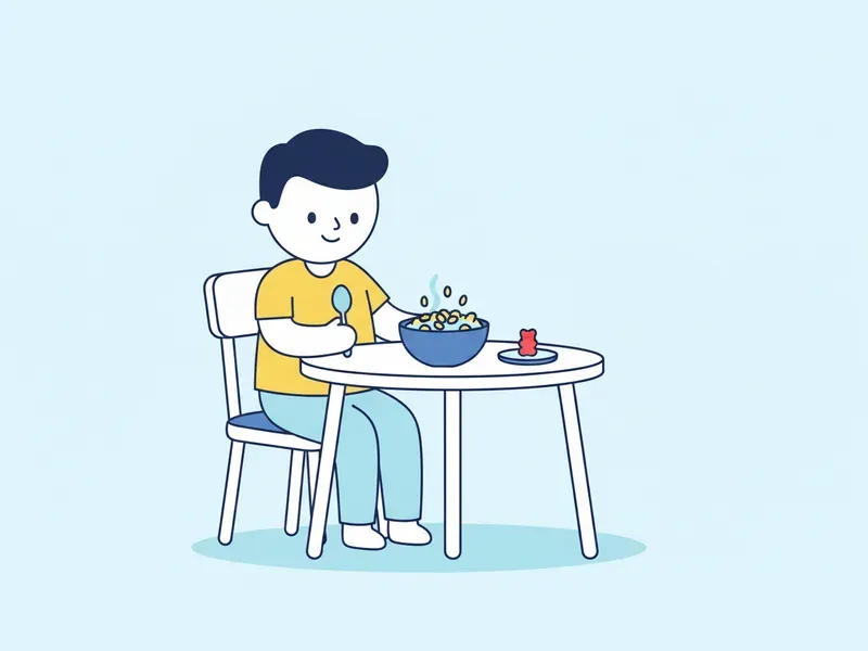 Ilustração de mesa do café com tigela de cereal e um pires com uma goma de ursinho.