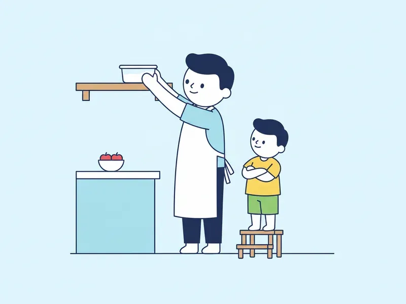 Ilustração de adulto guardando um pote branco fechado numa prateleira alta.
